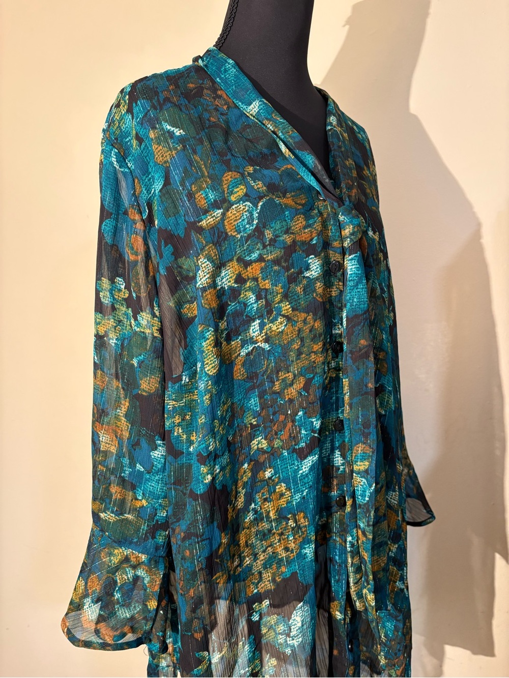 Sheer Teal & Gold Floral Tie-Neck Blouse-with Glimmering Silver Threading! - Picture 4 of 16